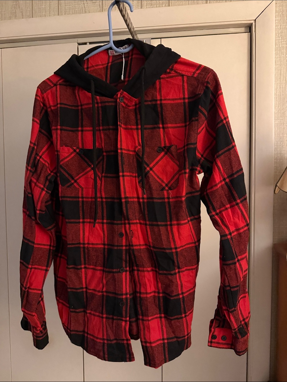 Kids Red & Black Plaid Hooded Flannel Shirt Jacket